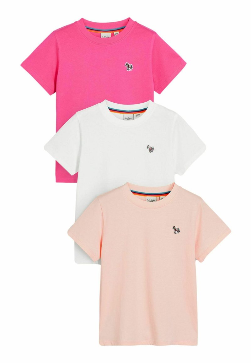 Tre T-shirt di cotone nei colori rosa, bianco e rosa chiaro, con maniche corte e un piccolo logo zebra sul lato sinistro del petto.