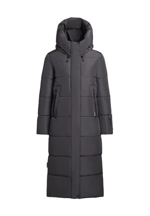 Geacă lungă, de culoare gri închis, cu guler înalt, buzunare cu fermoar și design matlasat, realizată dintr-un material ușor și izolat.