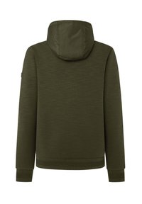 Felpa verde oliva, con cappuccio foderato, maniche lunghe, polsini a costine e orlo inferiore, realizzata in un tessuto liscio e leggermente strutturato.