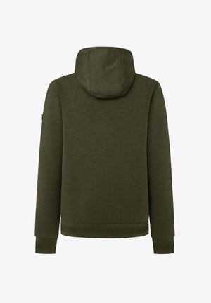 Olijfgroene hoodie met een gevoerde capuchon, lange mouwen, ribgebreide manchetten en een onderrand, gemaakt van een gladde, licht gestructureerde stof.