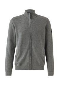 Grijze sweater met rits en hoge kraag, met geribbelde boorden bij de mouwen en onderkant, voorzien van zijzakken en een subtiele textuur. Strak ontwerp, zonder zichtbare patronen.