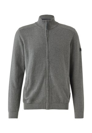 Grijze sweater met rits en hoge kraag, met geribbelde boorden bij de mouwen en onderkant, voorzien van zijzakken en een subtiele textuur. Strak ontwerp, zonder zichtbare patronen.