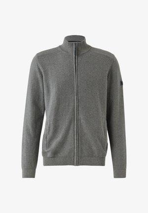 Grijze sweater met rits en hoge kraag, met geribbelde boorden bij de mouwen en onderkant, voorzien van zijzakken en een subtiele textuur. Strak ontwerp, zonder zichtbare patronen.