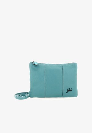 Piccola borsa a tracolla in pelle turchese con tracolla regolabile, chiusura con cerniera e dettaglio logo nero sulla parte anteriore.