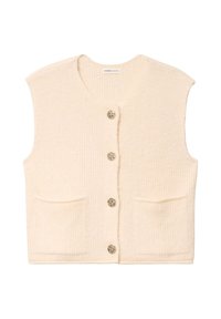 Gilet sans manches crème en tricot avec décolleté rond, quatre boutons décoratifs en métal et deux poches avant.