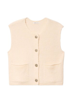 Cream-colored knitted sleeveless cardigan with round neckline, four decorative metal buttons, and two front pockets.
