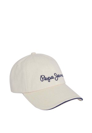 Off-white baseball cap with curved brim, navy blue trim on edge, and "Pepe Jeans" embroidered in navy blue on front panel.