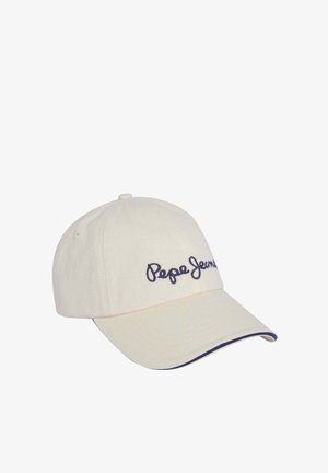 Casquette de baseball écrue avec une visière incurvée, une bordure bleu marine sur le pourtour et "Pepe Jeans" brodé en bleu marine sur le panneau avant.
