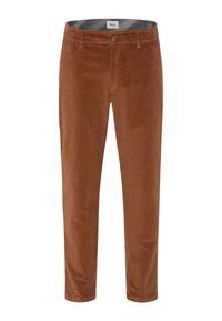 Pantaloni in corduroy marrone a gamba dritta, con chiusura a bottone, passanti per la cintura e una vita interna con motivo.
