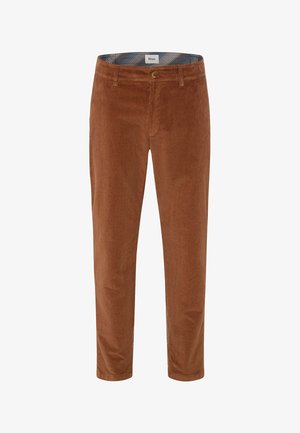 Bruine corduroy broek met een rechte pijp, voorzien van een knoopsluiting, riemlussen en een gestreepte binnenband.