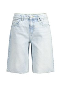 Vaaleat pesun denim-shortsit, joissa on rento istuvuus, korkea vyötärö, neljä taskua ja keltaiset tikkaukset. Pituus 16 tuumaa.