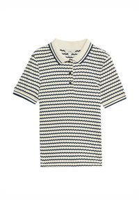 Korte mouw polo shirt in crème met marineblauwe golfprint, met een kraag en een knoopsluiting met drie knopen, ribgebreide manchetten en een rechte zoom.