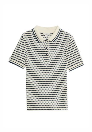 Polo a maniche corte color crema con stampa a onde blu navy, dotato di colletto e patta con tre bottoni, polsini a coste e orlo dritto.