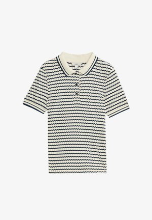 Kortärmad polo med krämfärg och marinblå vågmönster, med krage och treknappsslå, ribbade muddar och rak fåll.