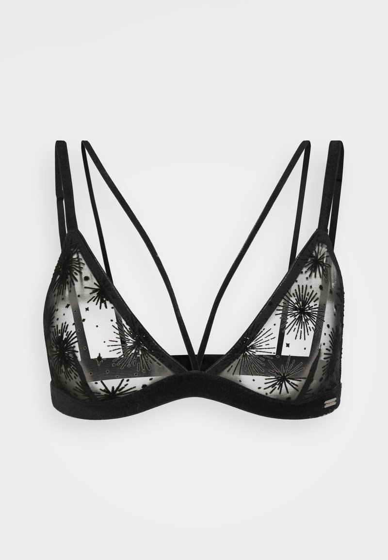 Bralette triangulaire noir en tissu transparent avec des motifs en broderie en forme d'étoile. Présente des bretelles fines et ajustables ainsi qu'une bande sous la poitrine solide.