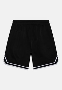 Pantaloni sportivi neri con cintura elastica, caratterizzati da strisce bianche lungo l'orlo e una trama di tessuto liscia.