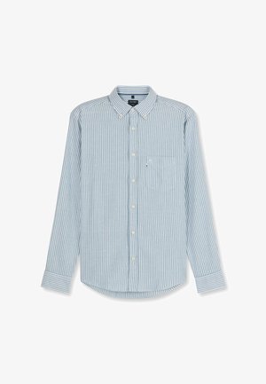 Light blue and white vertically striped long-sleeve button-up shirt with a chest pocket and buttoned collar.