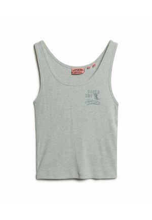 Lys grå, bomulds tanktop med en rund halsudskæring og brede skulderstropper. Har et subtilt blåt print af brandlogoet på forsiden.