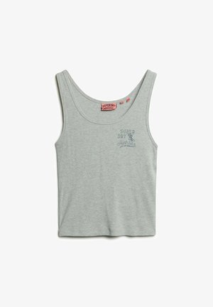 Lys grå, bomulds tanktop med en rund halsudskæring og brede skulderstropper. Har et subtilt blåt print af brandlogoet på forsiden.