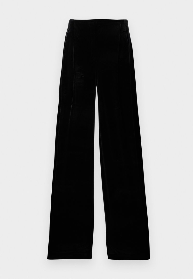 Black velvet wide-leg trousers featuring a high waist, pleated front, and smooth texture, designed for a relaxed fit.