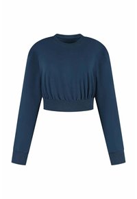Kurz geschnittenes Sweatshirt in Marineblau mit rundem Ausschnitt, langen Ärmeln sowie gerippten Bündchen und Saum, gefertigt aus einem glatten, elastischen Stoff.