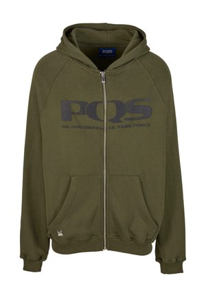 Olive roheline puuvillane kapuutsiga kombinesoon, millel on suur tume sinine graafika print, taskud nagu kenguru ja ribakujundusega alläär ja varrukad.