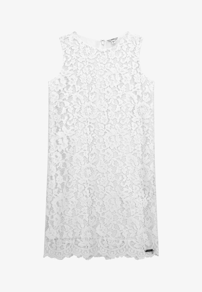 Robe en dentelle blanche avec un motif floral, sans manches, col montant, fermeture éclair au dos, et ourlet festonné.