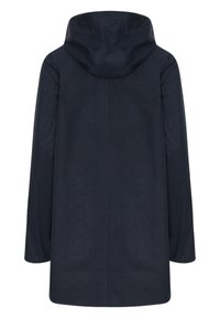 Chaqueta con capucha en color marino, de corte recto, con tejido texturizado y mangas largas. Presenta una costura central y detalles de botones en los puños.
