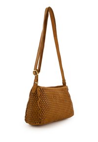 Light brown leather shoulder bag with adjustable strap and a woven pattern of horizontal and vertical slits on the surface.