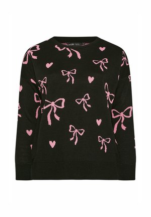 Sort sweater med pink sløjfe og hjerte mønstre, med rund halsudskæring og ribbede manchetter og kant. Lavet af blødt strikmateriale.