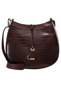 Viininpunainen olkalaukku, jossa on teksturoitu krokotiilikuosi, kultaiset metalliosat, irrotettava hihna ja magneettinen suljindetalji.