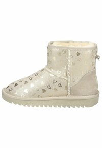 Beige Knöchelstiefel mit metallischen Herzmustern, weicher Fellfutter, strukturierten Wildlederakzenten und einer geriffelten Gummisohle.