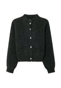 Cardigan en maille gris foncé avec un col arrondi, des épaules tombantes et cinq boutons blancs. Présente un motif texturé et une coupe courte.