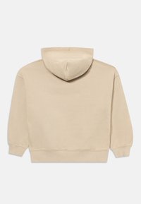 Sweatshirt cropped bege com capuz, punhos e bainha canelados. Textura suave, design minimalista, sem logótipos ou padrões visíveis.