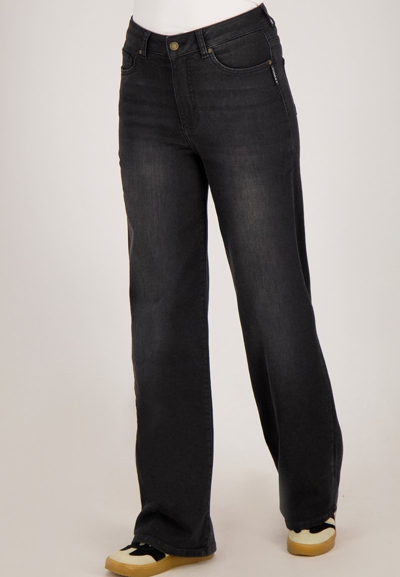 Zwarte wijde jeans van denim, met een klassiek ontwerp met vijf zakken, knoopsluiting en subtiele vervaagde details in de stof.