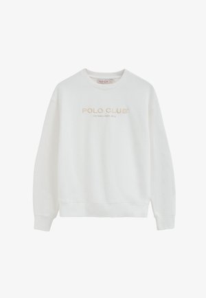 Witte crewneck sweater met lange mouwen, met de tekst "POLO CLUB Established 2012" geborduurd op de borst.