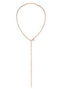 Rose gold kædedesign med en Y-form, der har forlængede led og en hængende detalje i midten. Glat overflade.