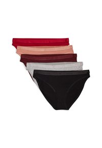 Pet predmeta pamukastog donjeg rublja u pet različitih nijansi: tamnocrvena, svijetlo ružičasta, boja vina, siva i crna, s elastičnim pojasom i jednostavnim dizajnom.