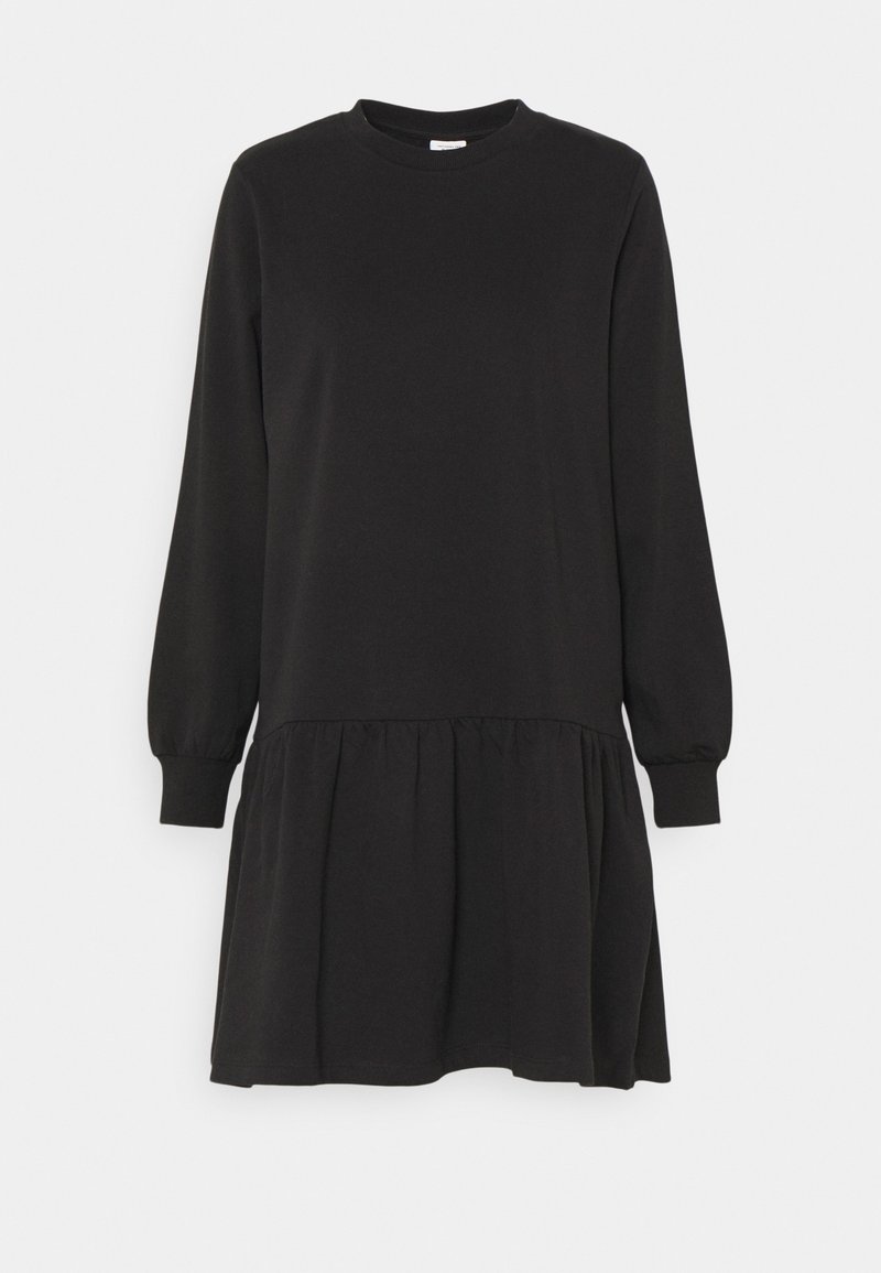 Robe décontractée noire à manches longues avec un col rond et un détail de jupe froncée à la taille, présentée sur fond blanc.