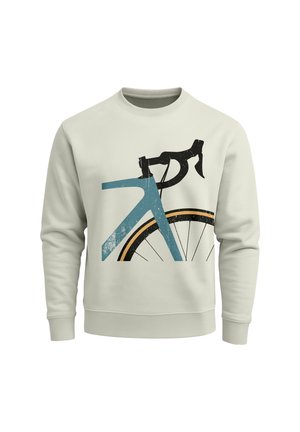 Off-white sweatshirt featuring a graphic of a stylized bicycle front wheel, tire, fork, and handlebars in blue, black, and orange colors.