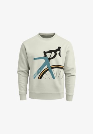 Off-white Sweatshirt mit einem grafischen Motiv eines stilisierten Vorderrads, Reifens, Gabel und Lenkern in Blau, Schwarz und Orange.