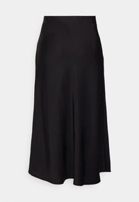 Jupe noire longueur genou en ligne A avec tissu lisse et taille haute sur fond blanc.