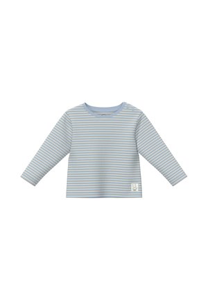 Babyshirt met lange mouwen met horizontale lichtblauwe, witte en beige strepen, ronde hals, twee drukknoopjes op de schouder en een klein berenpatch linksonder.