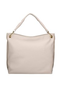 Borsa beige con superficie liscia e texture morbida, parte superiore curva e singolo manico imbottito. Dettagli in metallo dorato vicino al manico.