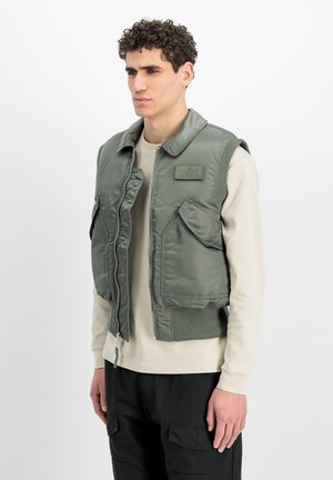 Uomo con gilet imbottito verde oliva sopra una camicia beige a maniche lunghe e pantaloni cargo neri, in piedi davanti a uno sfondo bianco semplice.