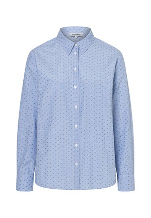 Hellblaues, langärmliges Hemd mit Knopfleiste, einem kleinen dunkelblauen, gepunkteten, vertikalen Streifenmuster und einem klassischen Kragen.