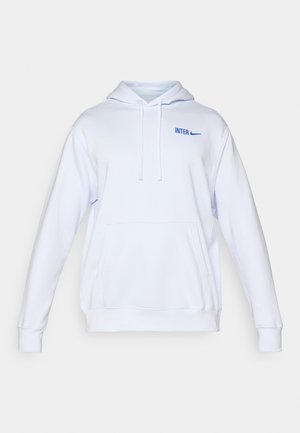 Biela mikina s kapucňou a klokankou, dlhé rukávy. Na hrudi sa nachádzajú modré logo "INTER" a Nike swoosh. Vyrobená z mäkkého materiálu.