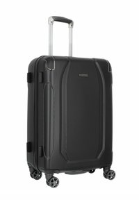 Valigia rigida nera con superficie texturizzata, design elegante, manico telescopico e quattro ruote multidirezionali per la mobilità.