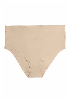 Sous-vêtements féminins beiges sans coutures, taille haute, en tissu lisse avec une large ceinture, conçus pour le confort et un port discret.