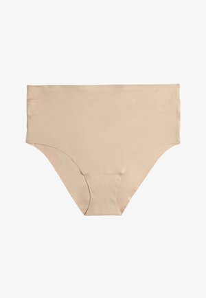 Beige sømløst damesundertøj med høj talje, glat stof og bred linning, designet til komfort og diskret brug.